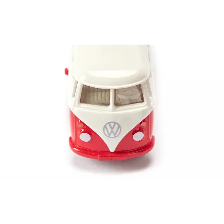 Autobús de juguete VW T1 a escala 1:50 de metal y plástico con puertas que se abren.