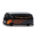 VW T1 Transporter personalizado Siku a escala 1:50 en metal negro con diseño de llamas y puertas practicables.
