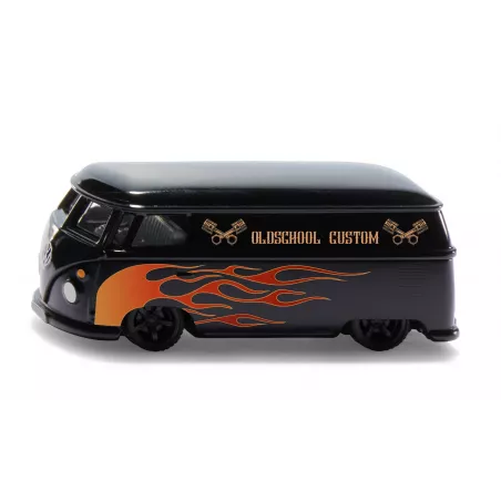 VW T1 Transporter personalizado Siku a escala 1:50 en metal negro con diseño de llamas y puertas practicables.