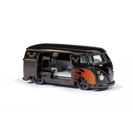 VW T1 Transporter personalizado Siku a escala 1:50 en metal negro con diseño de llamas y puertas practicables.