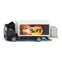 Camión de juguete MAN Sixt escala 1:50 con plataforma elevadora funcional, palet y caja de rejilla.