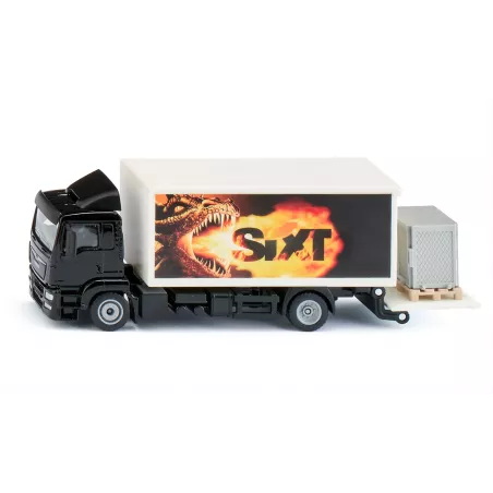 Camión de juguete MAN Sixt escala 1:50 con plataforma elevadora funcional, palet y caja de rejilla.