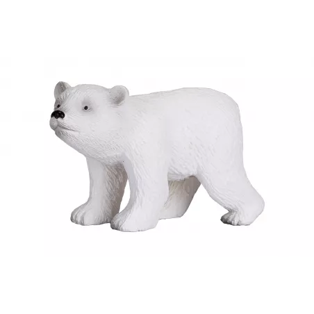 Figura de juguete de cachorro de oso polar caminando, esculpida y pintada a mano con realismo.
