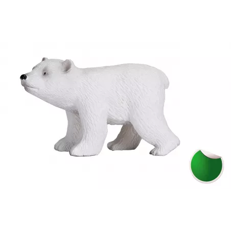 Figura de juguete de cachorro de oso polar caminando, esculpida y pintada a mano con realismo.