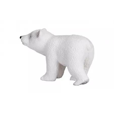 Figura de juguete de cachorro de oso polar caminando, esculpida y pintada a mano con realismo.