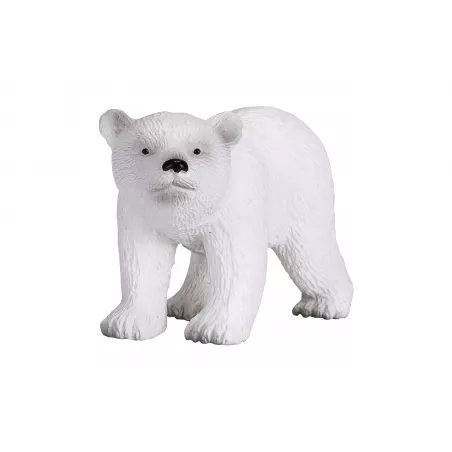 Figura de juguete de cachorro de oso polar caminando, esculpida y pintada a mano con realismo.