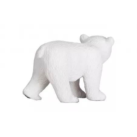 Figura de juguete de cachorro de oso polar caminando, esculpida y pintada a mano con realismo.