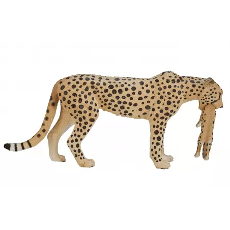 Figura de juguete de guepardo hembra con cachorro pintada a mano de Mojo para colección y juego.