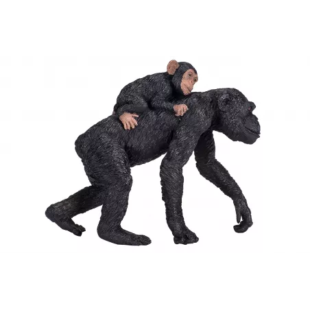 Figura realista de chimpancé con su cría abrazada de Mojo, juguete educativo pintado a mano.
