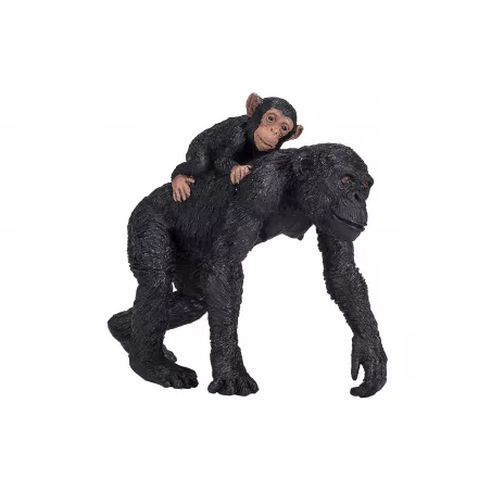 Figura realista de chimpancé con su cría abrazada de Mojo, juguete educativo pintado a mano.
