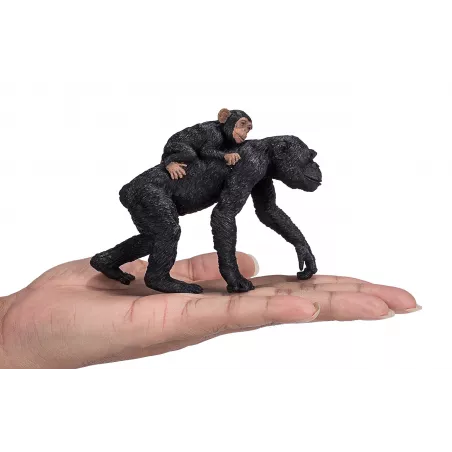 Figura realista de chimpancé con su cría abrazada de Mojo, juguete educativo pintado a mano.